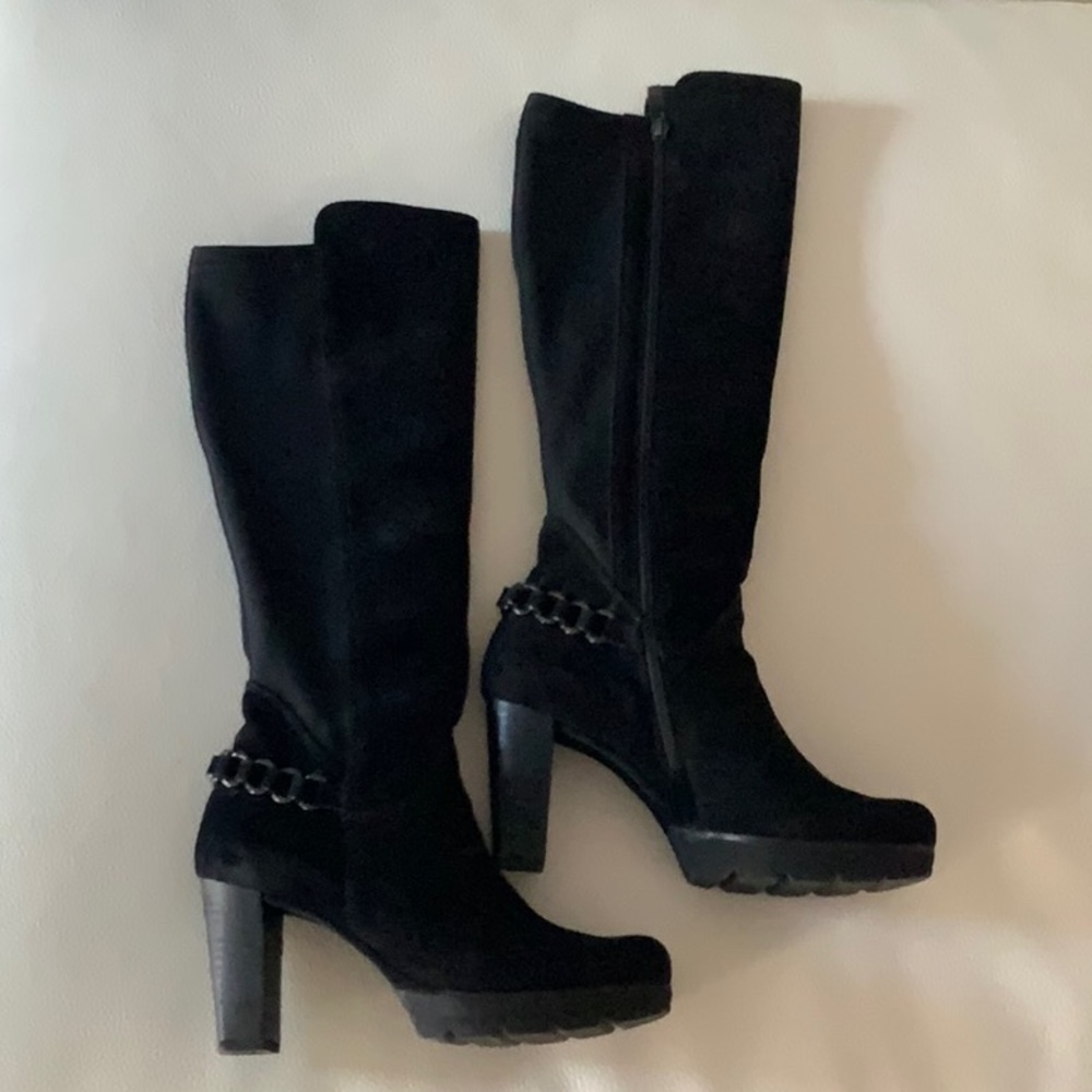Paul Green  knee high boots, platform, real suede and stretch, lug  sole